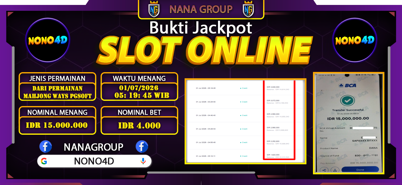 Bukti Kemenangan Besar Dibayar lunas Member NONO4D RP 15.000.000, 1 Juli 2026