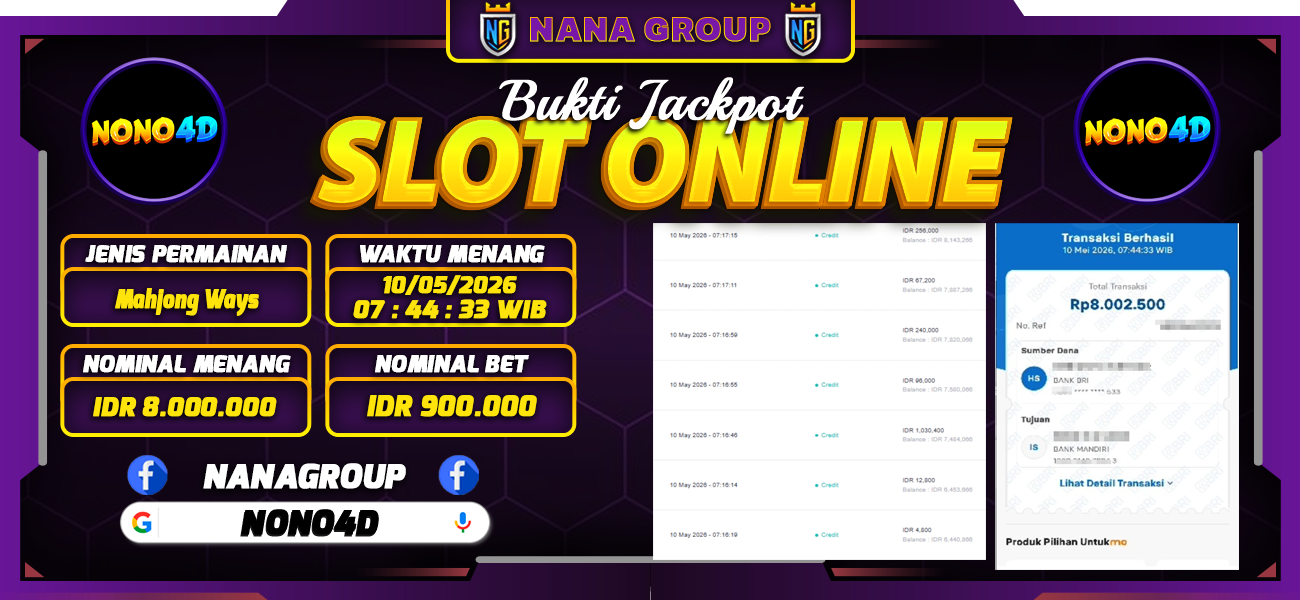 Bukti Kemenangan Besar Dibayar lunas Member NONO4D RP 8.000.000, 10 Mei 2026