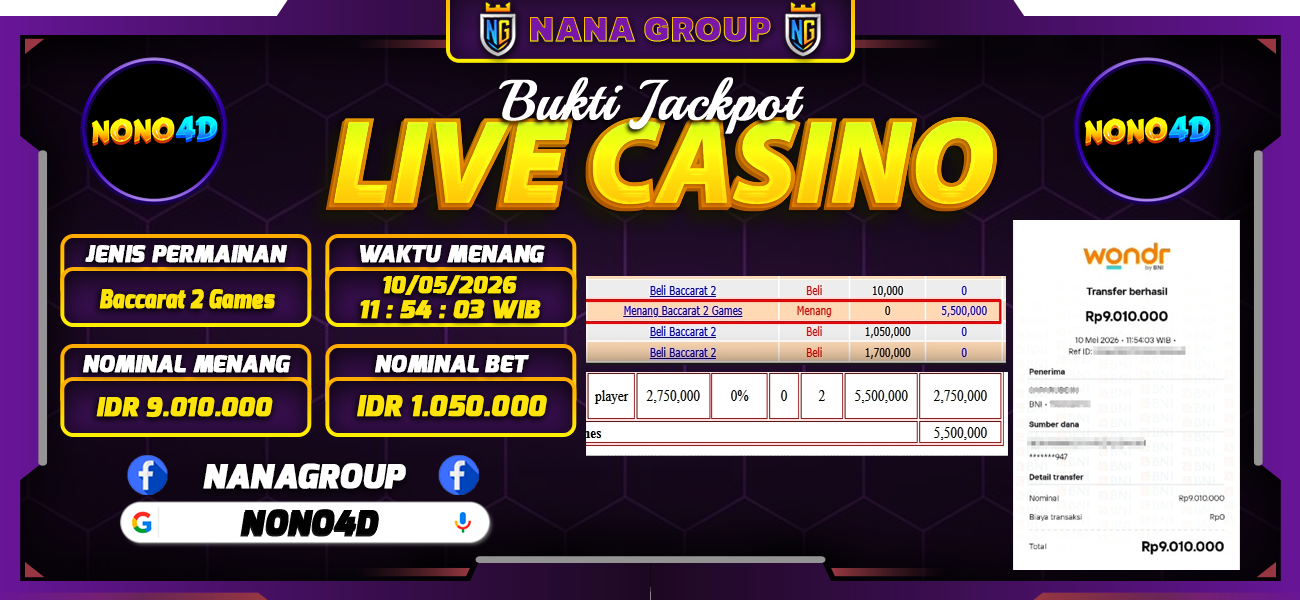 Bukti Kemenangan Besar Dibayar lunas Member NONO4D RP 9.010.000, 10 Mei 2026