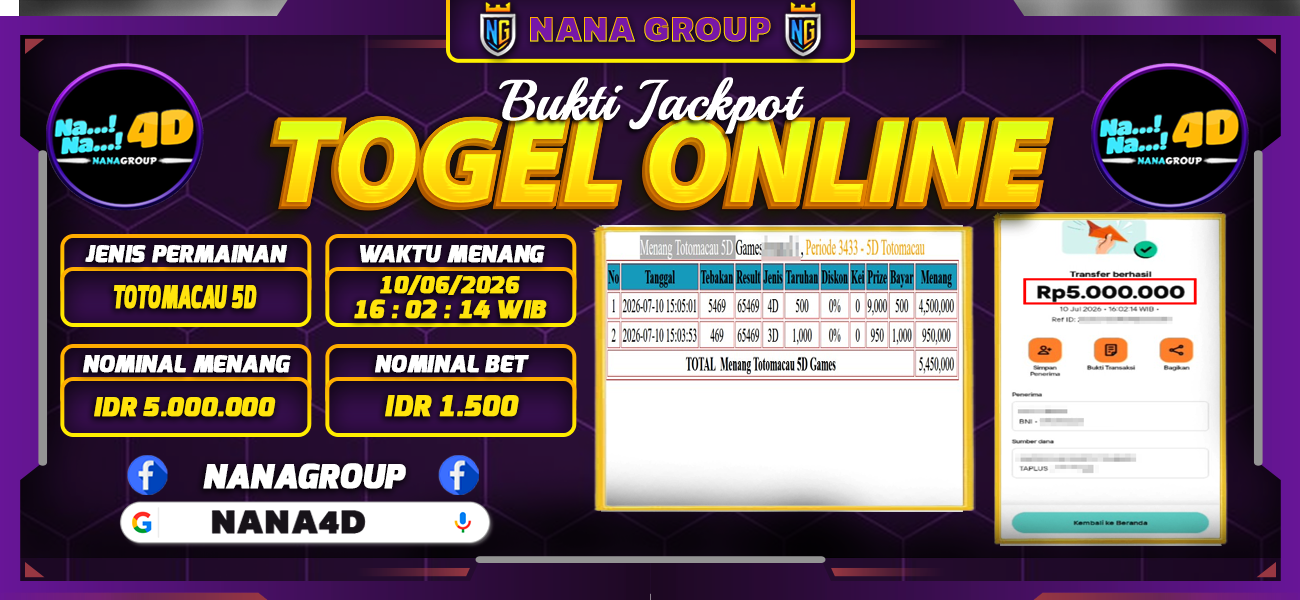 Bukti Kemenangan Besar Dibayar lunas Member NANA4D RP 5.000.000, 11 Juli 2026