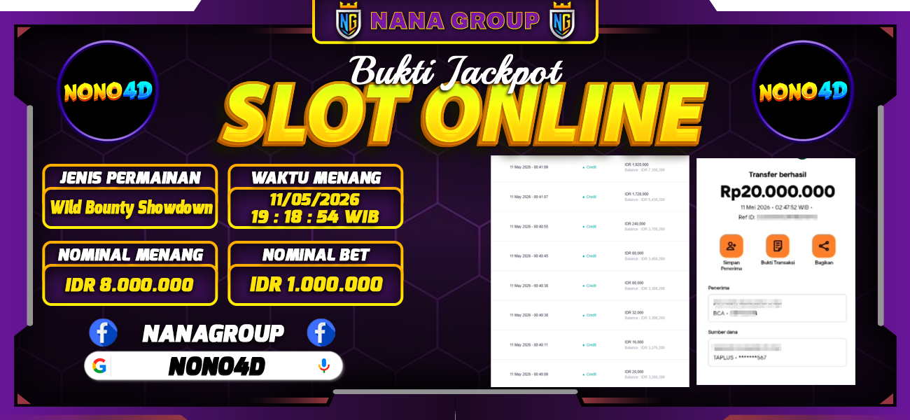 Bukti Kemenangan Besar Dibayar lunas Member NONO4D RP 8.000.000, 11 Mei 2026