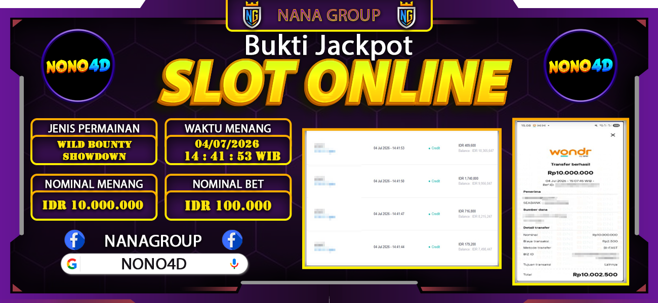 Bukti Kemenangan Besar Dibayar lunas Member NONO4D RP 10.000.000, 4 Juli 2026