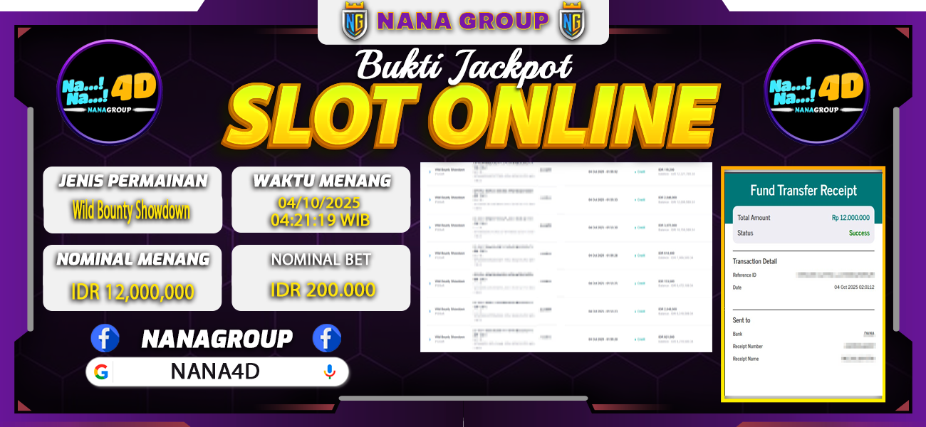 Bukti Kemenangan Besar Dibayar lunas Member NANA4D RP 12.000.000, 4 Oktober 2025