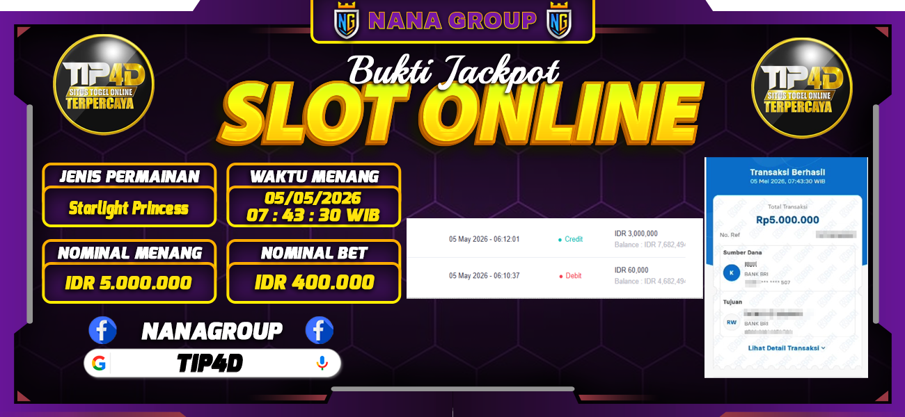 Bukti Kemenangan Besar Dibayar lunas Member TIP4D RP 5.000.000, 5 Mei 2026