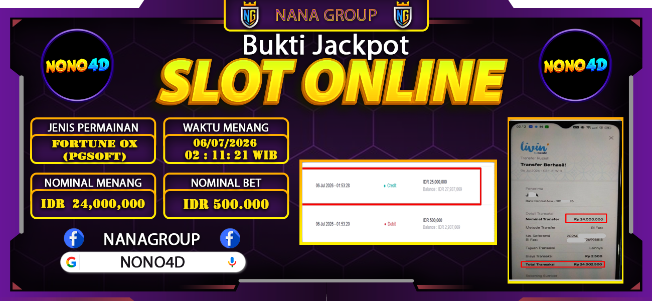 Bukti Kemenangan Besar Dibayar lunas Member NONO4D RP 24.000.000, 6 Juli 2026