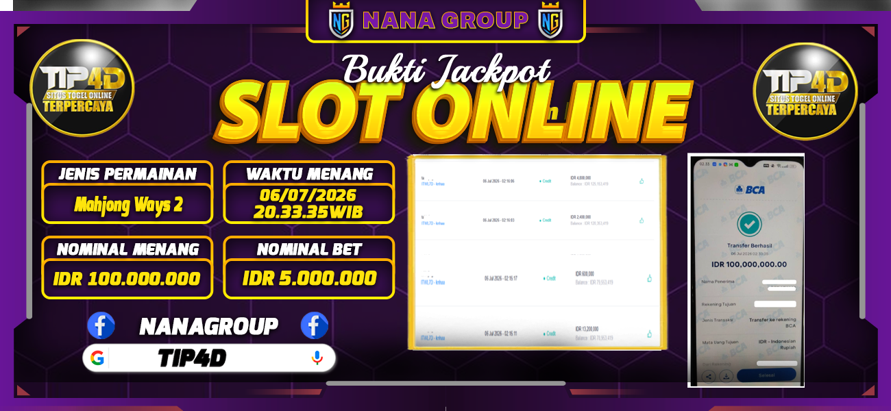 Bukti Kemenangan Besar Dibayar lunas Member TIP4D RP 100.000.000, 6 Juli 2026