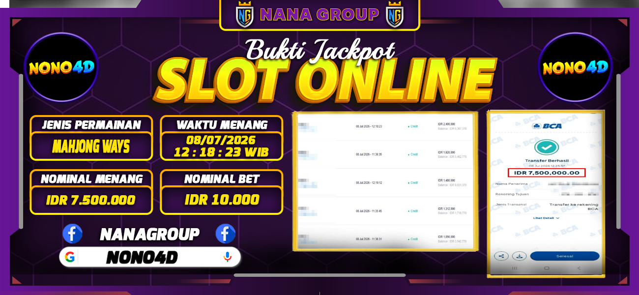 Bukti Kemenangan Besar Dibayar lunas Member NONO4D RP 7.500.000, 8 Juli 2026